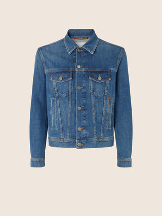 Trucker Jacket in Medium Blue Comfort Denim with Stone Wash