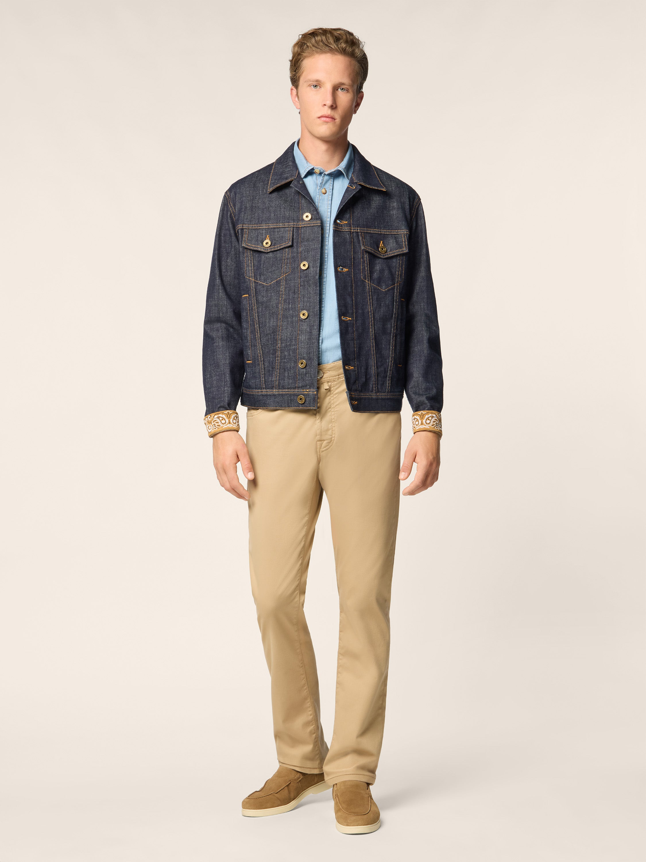 Trucker Jacket in Dark Blue Stretch Denim with Rinse Wash | Jacob
