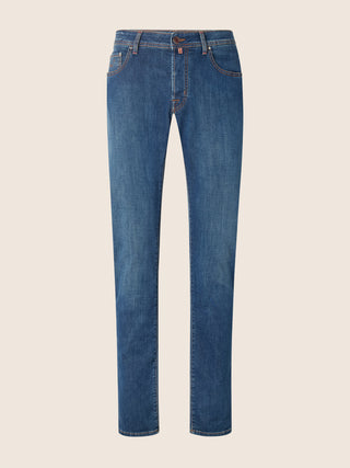 Nick Slim 5 Pocket Jeans in Medium Blue Power Stretch Denim with Stone Wash