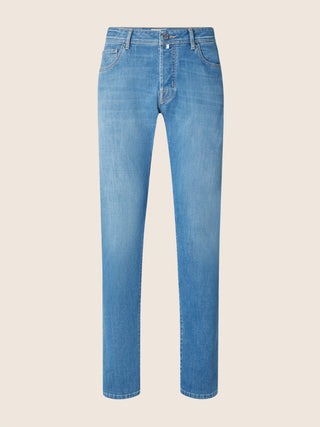 Bard Regular-Slim 5 Pocket Jeans in Light Blue Power Stretch Denim with Vintage Wash