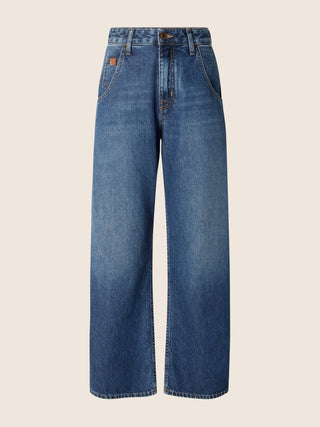 Lila Barrel 5 Pocket Jeans in Dark Blue Lightweight Denim with Vintage Wash