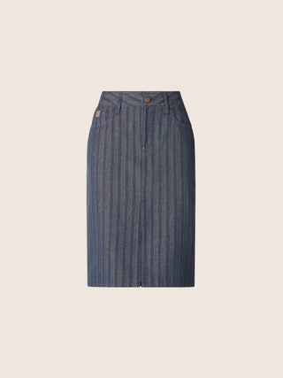 Skirt in Navy Blue Cotton-Hemp Herringbone Canvas with Caramel Stripes