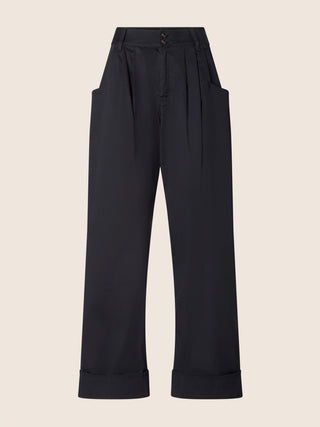 Lindsay Barrel Wide Trousers in Navy Blue Stretch Cotton Comfort Gabardine