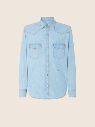 Western Shirt in Light Blue Lightweight Denim with Bleach Wash