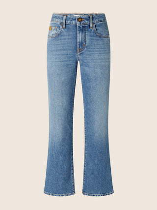 Kate Crop Straight 5 Pocket Jeans in Medium Blue Cotton and Lyocell Comfort Denim with Vintage Wash