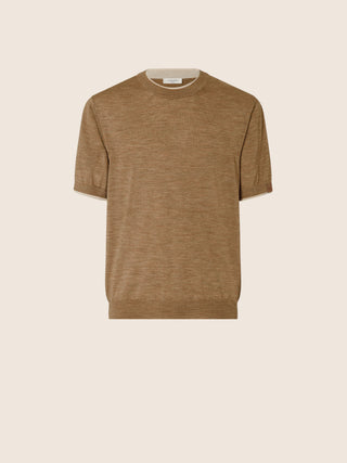 Short-Sleeve Knit Top in Camel-Coloured Wool and Silk