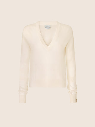 V-neck Sweater in Off-White Brushed Cashmere