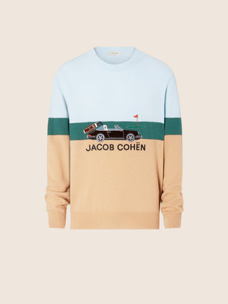 Colour Block Sweater in Light Blue, Beige and Green Wool and Cashmere