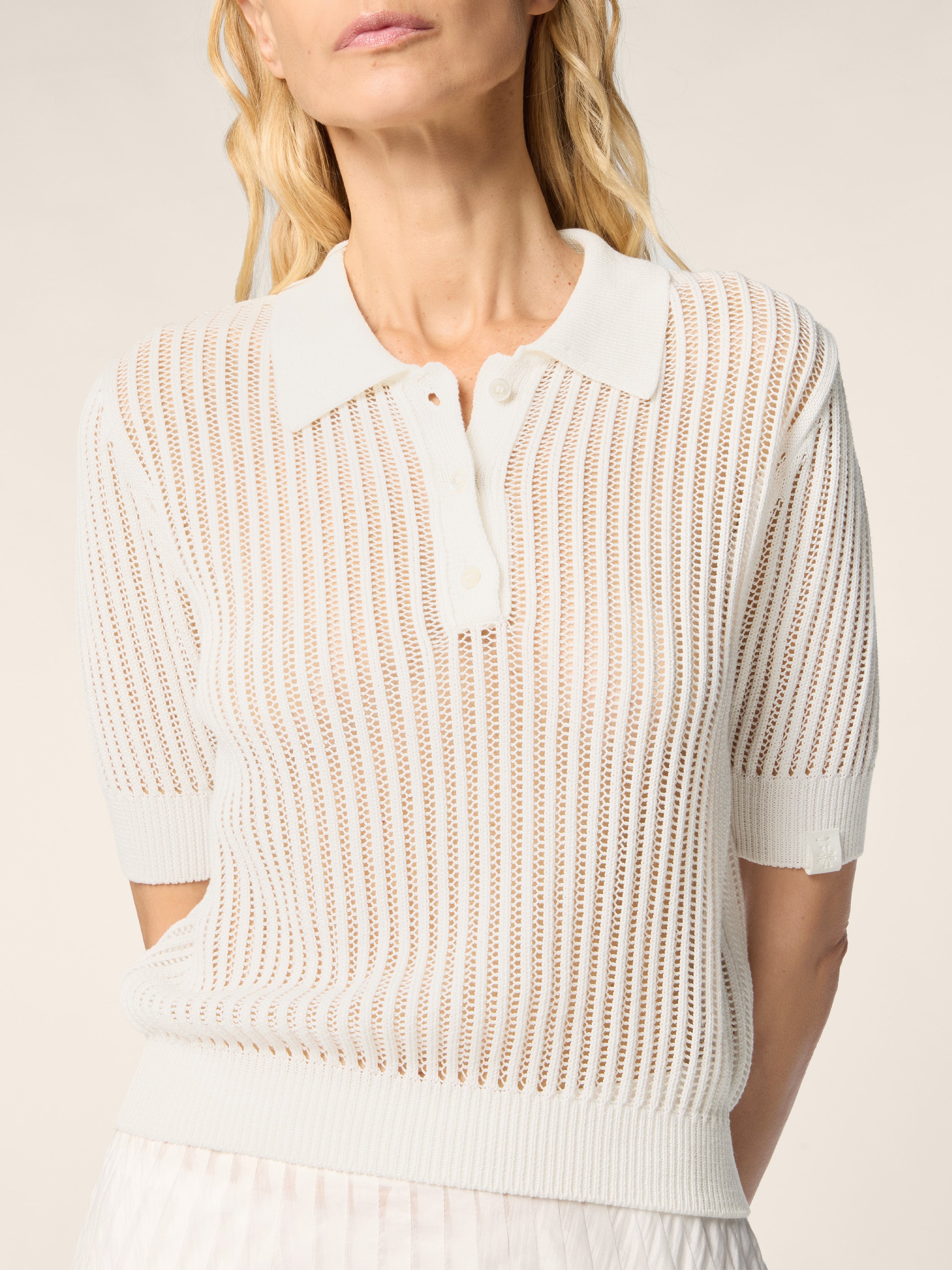 Short-Sleeve Polo Shirt in Off-White Fisherman's Stitch Cotton
