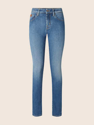 Kimberly Skinny 5 Pocket Jeans in Medium Blue Super Stretch Denim with Stone Wash