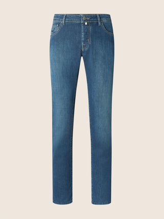 Nick Slim 5 Pocket Jeans in Medium Blue Power Stretch Denim with Stone Wash