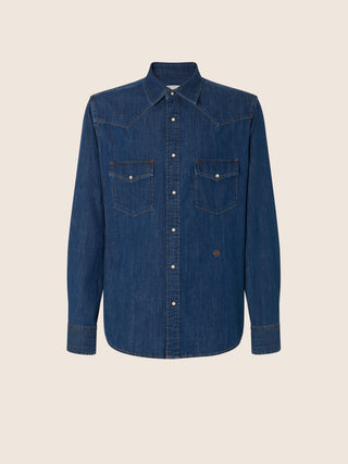 Western Long-Sleeve Shirt in Medium Blue Lightweight Denim with Stone Wash