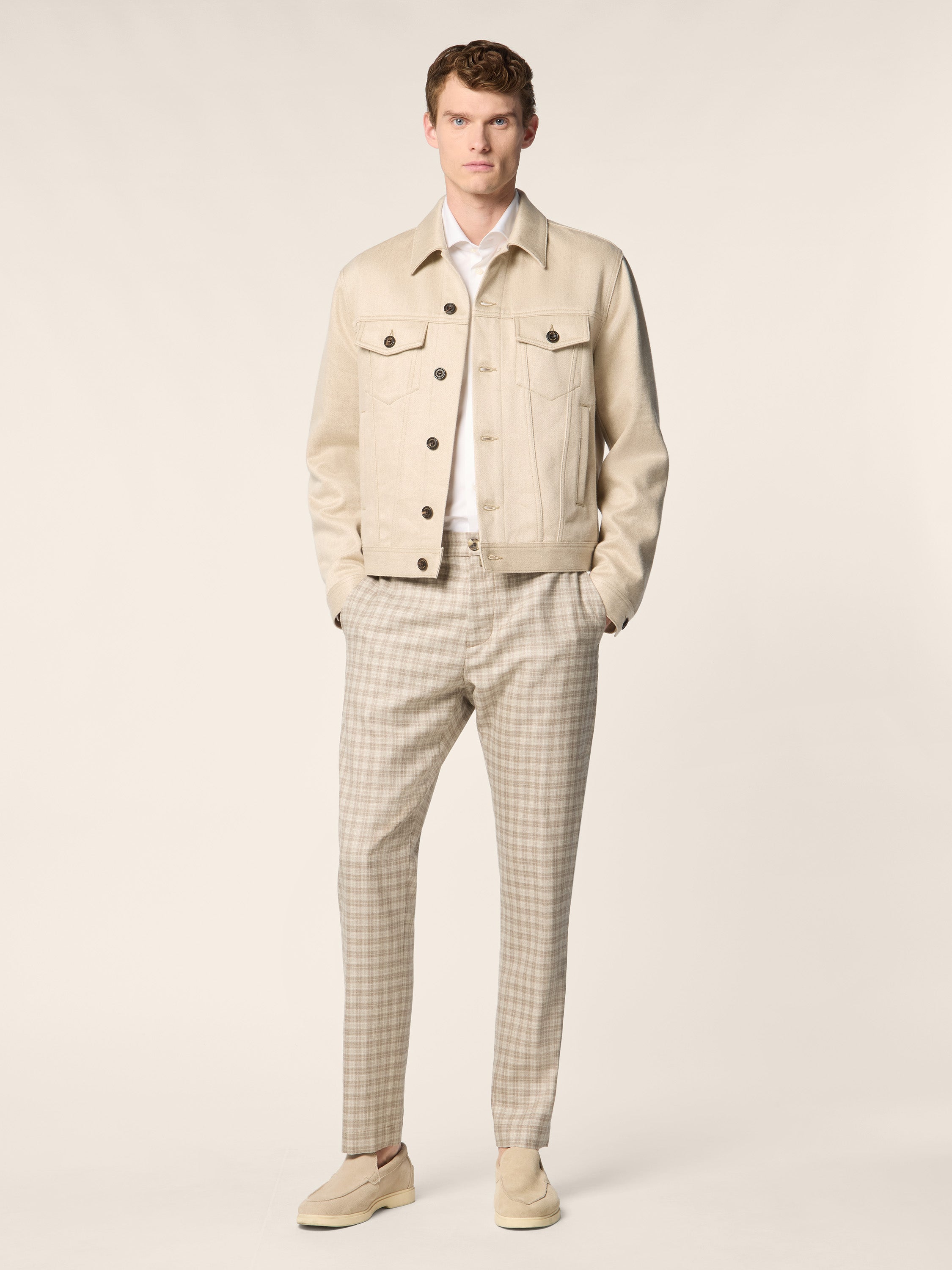 Gray Regular Chino Pants in Beige and White Cashmere, Silk and