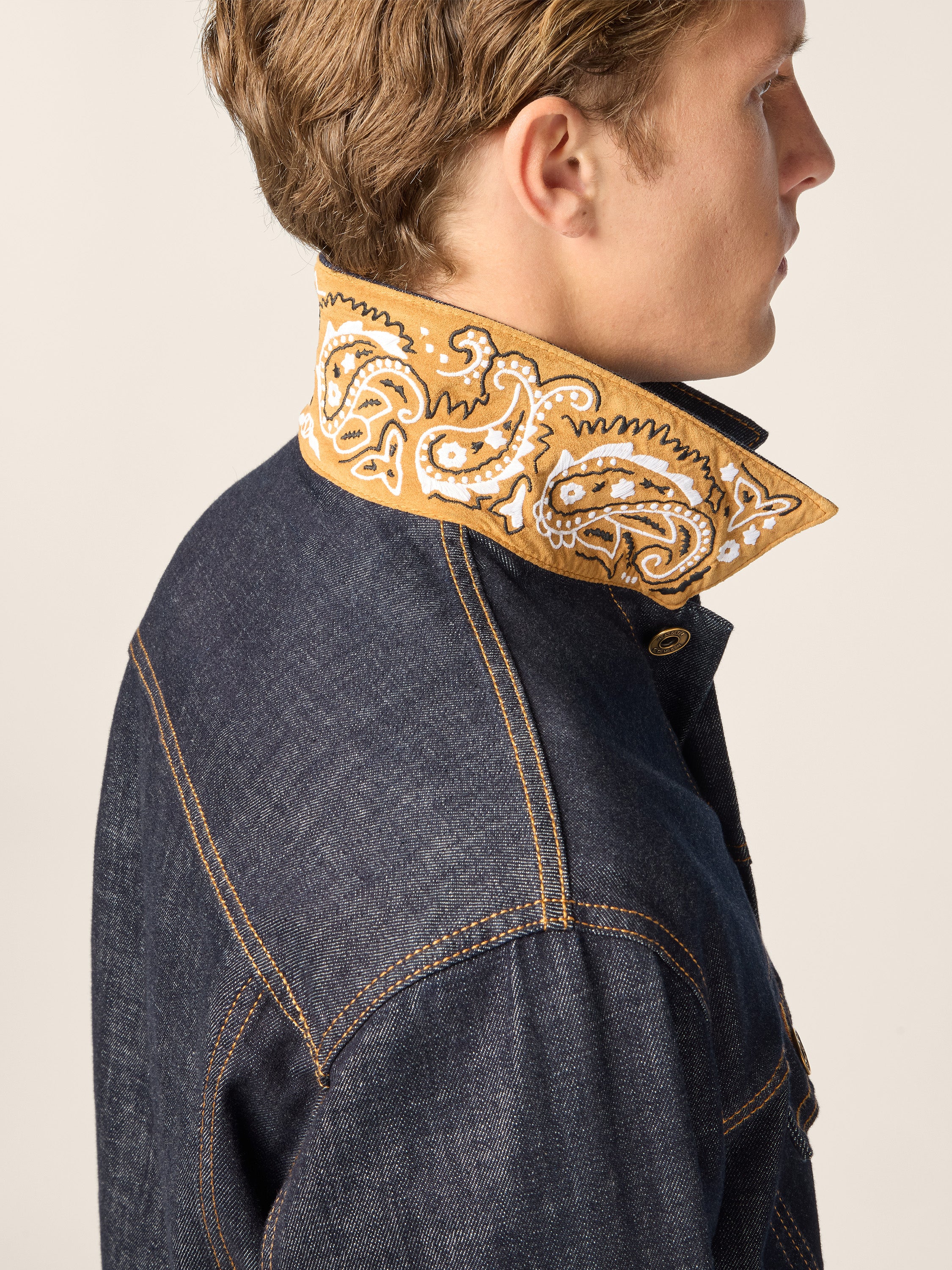 Trucker Jacket in Dark Blue Stretch Denim with Rinse Wash | Jacob