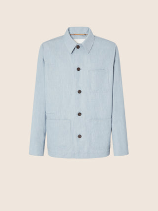 Overshirt in Light Blue Cotton and Linen Gabardine