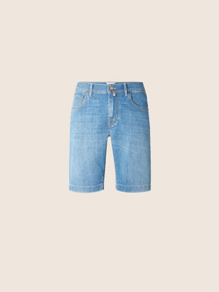 Nicolas Slim Bermuda Pants in Light Blue Power Stretch Denim with Vintage Wash