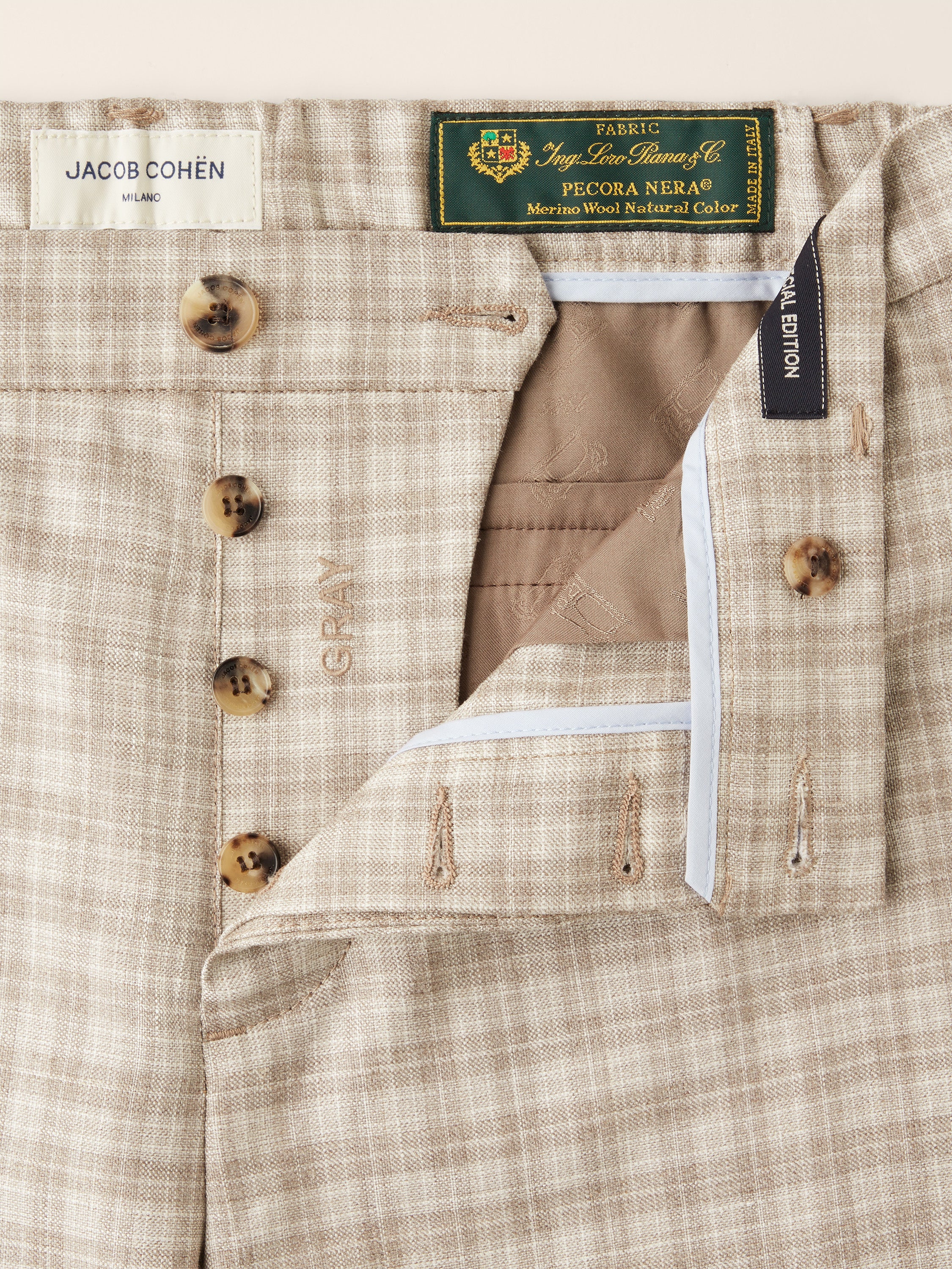 Gray Regular Chino Pants in Beige and White Cashmere, Silk and