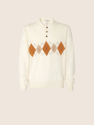 Polo in Wool Jacquard with White, Orange and Beige Inlay