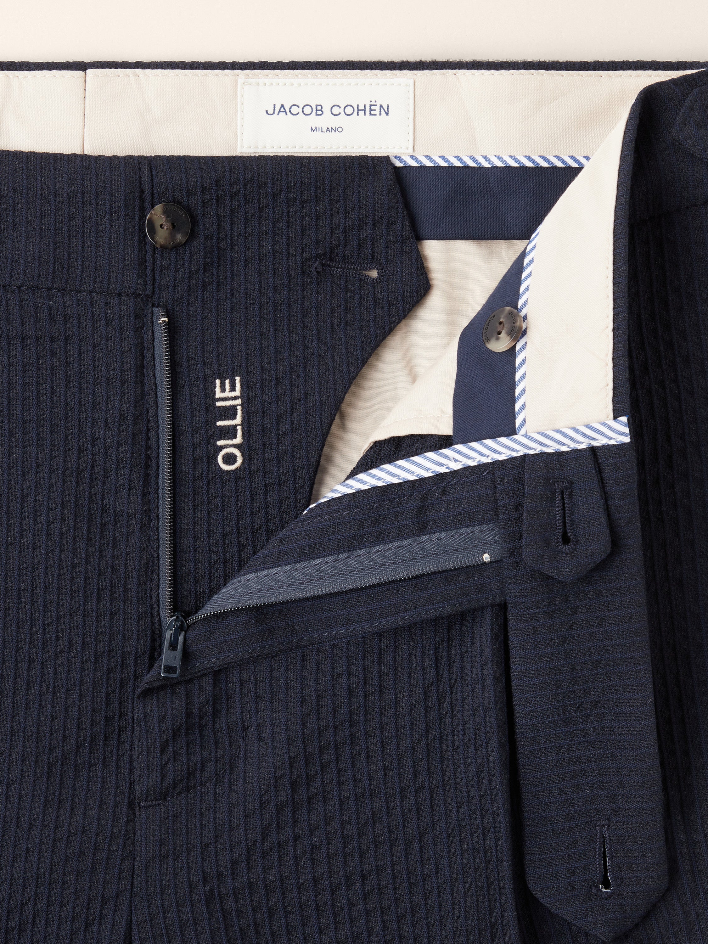 Ollie Bermuda Pants in Striped Blue Wool Seersucker Vitale