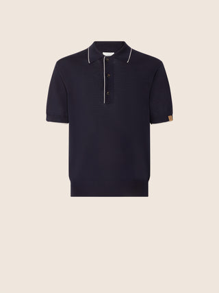 Polo Shirt in Navy Blue Wool and Silk
