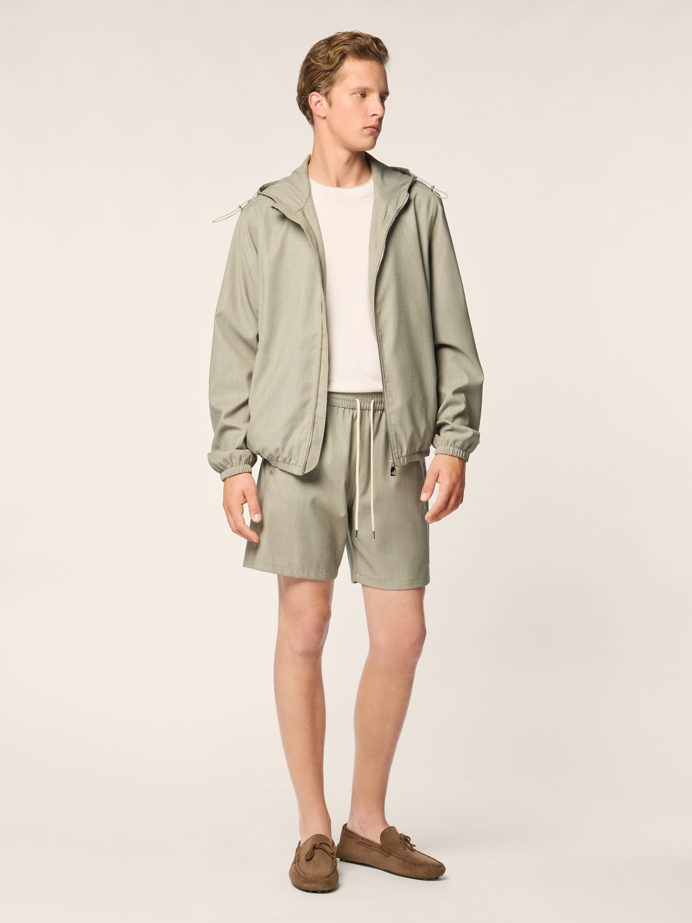 Hooded Jacket in Sage Green Wool and Nylon Ripstop | Jacob Cohën