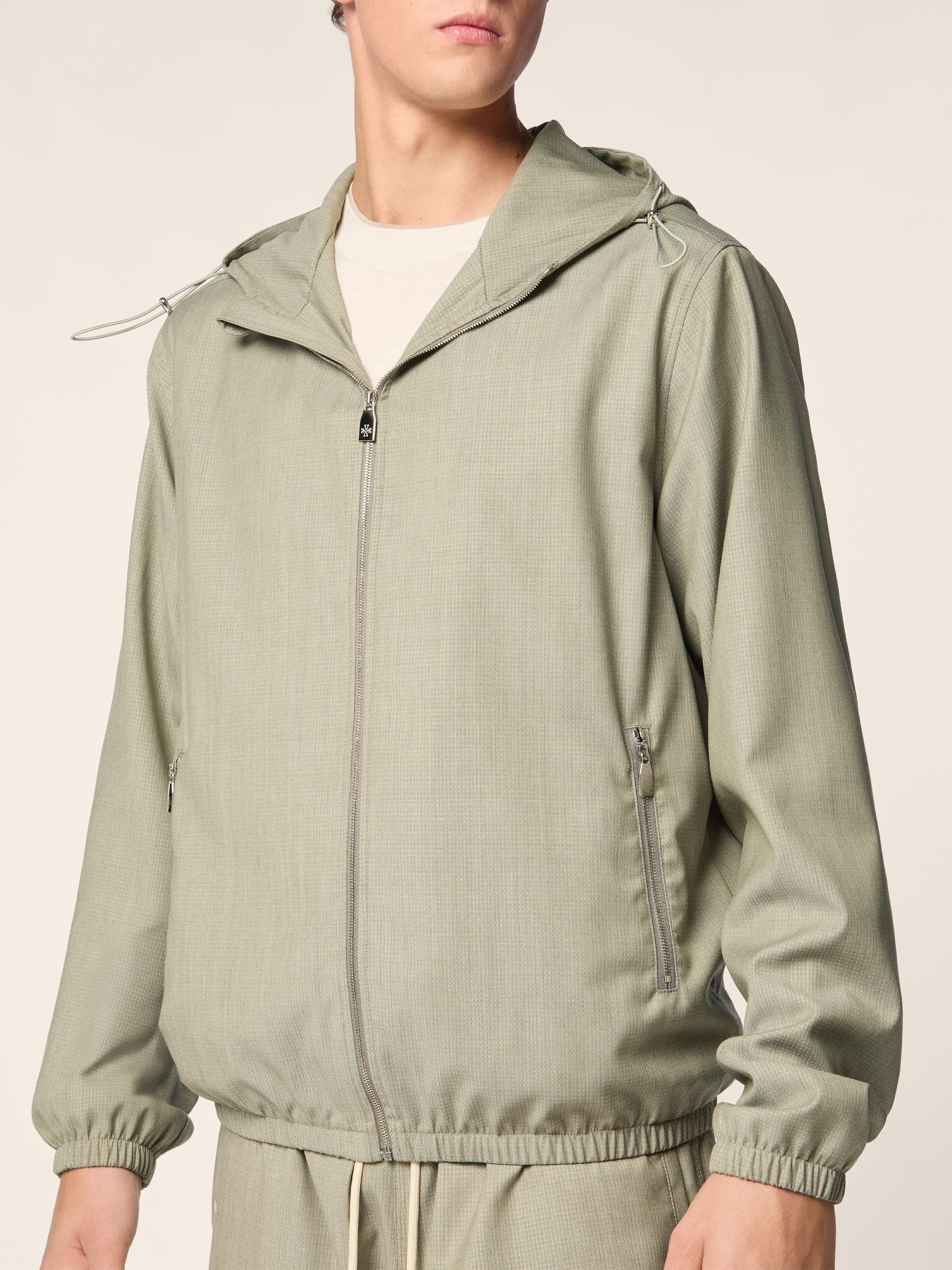 Hooded Jacket in Sage Green Wool and Nylon Ripstop | Jacob Cohën