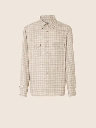 Western Shirt in Beige and White Wool, Silk and Linen Prince of Wales Fabric Loro Piana