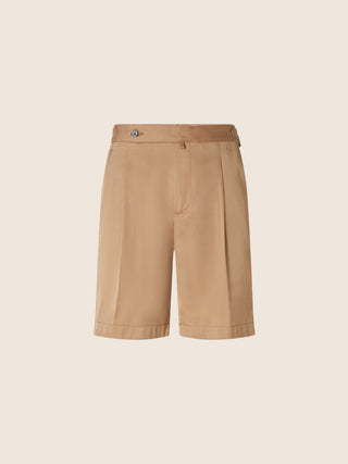 Ollie Bermuda Pants in Sand-Beige Wool and Cotton Herringbone Fabric