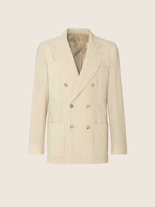 Blazer in Seersucker aus gestreifter Wolle in Sandfarbe und Weiß