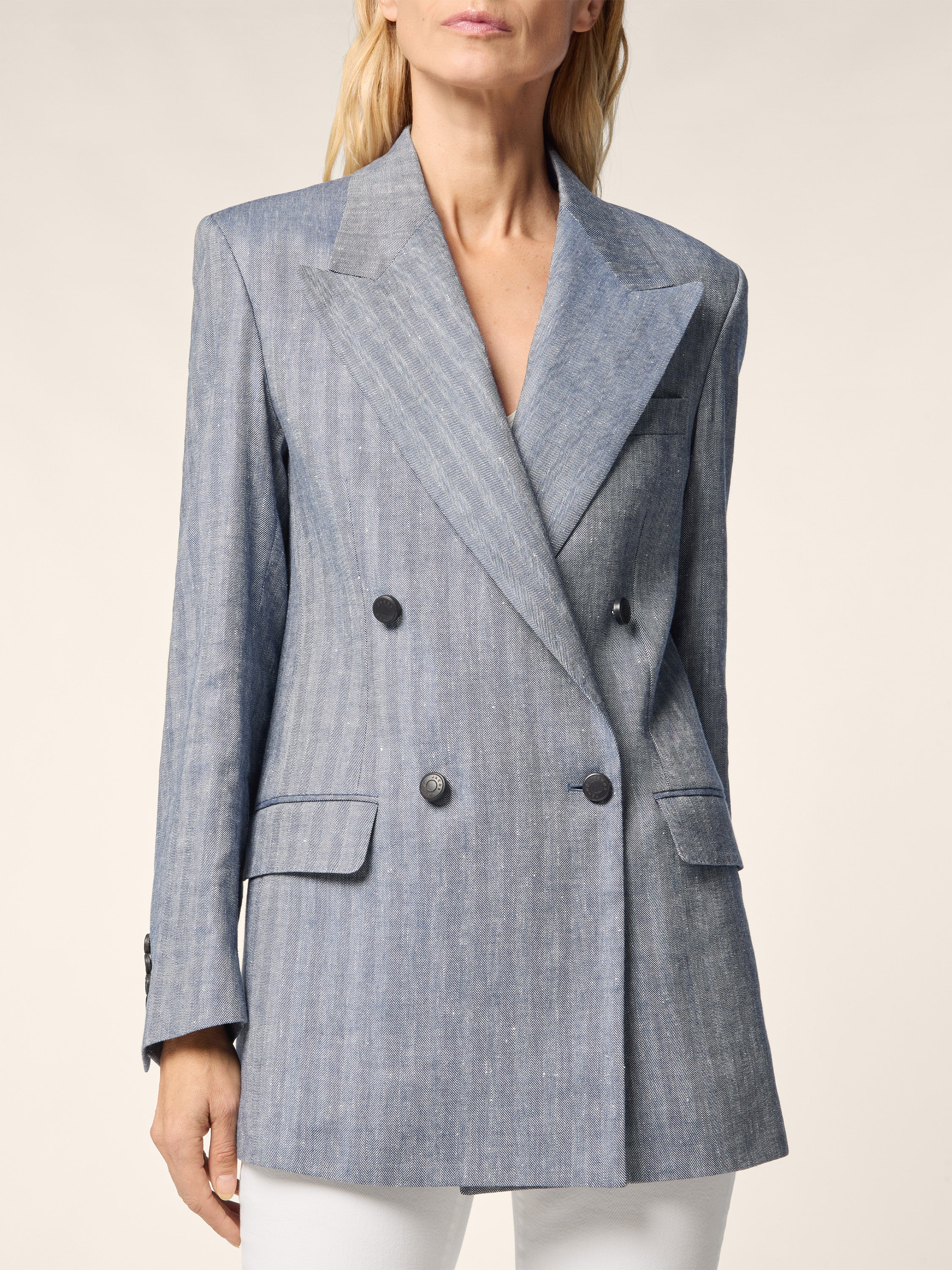 Double-breasted Blazer in Denim Blue Linen and Viscose Technical