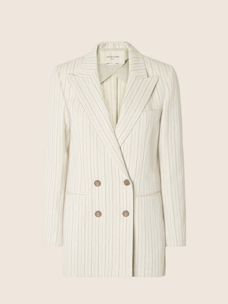 Unstructured Blazer in Ecru Cotton and Hemp Herringbone Canvas with Cocoa Stripes