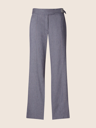 Daisy Regular Trousers in Navy Blue and Burgundy Pinstripe Viscose and Linen Stretch Canvas