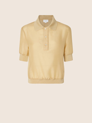 Cropped Polo in Light Caramel Wool and Silk Chiffon