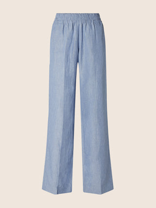 Marianne Relaxed Trousers in Light Blue and White Pinstripe Viscose and Linen Canvas