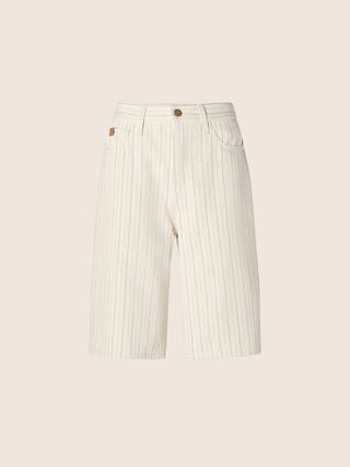 Amber 5 Pocket Bermuda Shorts in Ecru Cotton and Hemp Herringbone Canvas with Cocoa Stripes