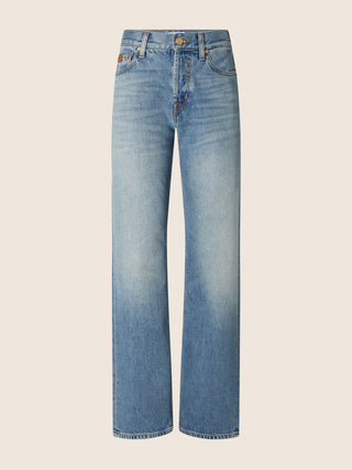 Claire Straight 5 Pocket Jeans in Medium Blue Cotton and Lyocell Denim with Vintage Wash