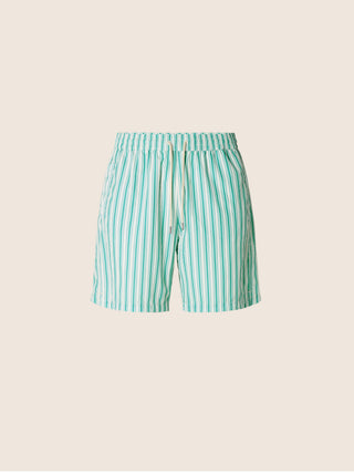 Bade-Bermudashorts aus technischem Seersucker mit Streifen in Türkis und Weiß