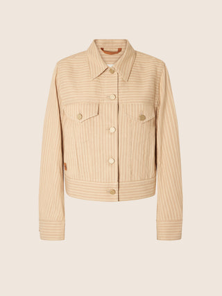 Trucker Jacket in Apricot Cotton and Linen Herringbone Canvas with Camel Stripes