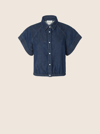 Short-Sleeve Shirt in Dark Blue Cotton Denim with Rinse Wash