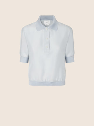 Cropped Polo in Light Blue Wool and Silk Chiffon