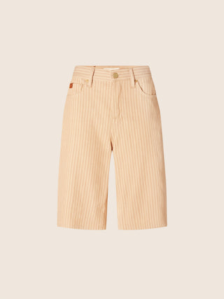 Amber 5 Pocket Bermuda Shorts in Apricot Cotton and Linen Herringbone Canvas with Camel Stripes