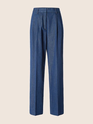 Tracy Wide Trousers in Dark Blue Cotton Denim with Rinse Wash