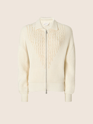 Jacket in White Cotton and Nylon Fisherman's Knit