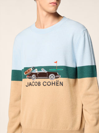 Colour Block Sweater in Light Blue, Beige and Green Wool and Cashmere 4