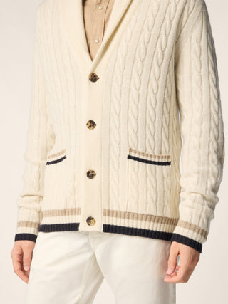 Cardigan in Cream, Navy Blue and Beige Pure Cashmere 4