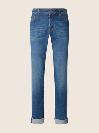 Nick LTD Slim 5 Pocket Jeans in Medium Blue Stretch Selvedge Denim with Vintage Wash