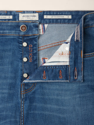 Nick LTD Slim 5 Pocket Jeans in Medium Blue Stretch Selvedge Denim with Vintage Wash 4