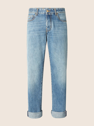 Edo Regular-Straight 5 Pocket Jeans in Medium Blue Selvedge Denim with Vintage Wash