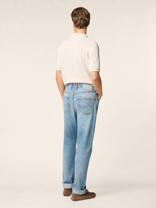Edo Regular-Straight 5 Pocket Jeans in Medium Blue Selvedge Denim with Vintage Wash 4