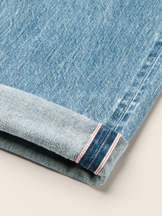 Edo Regular-Straight 5 Pocket Jeans in Medium Blue Selvedge Denim with Vintage Wash 6